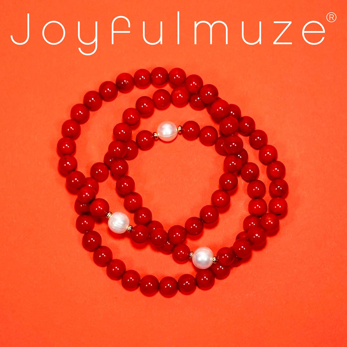 Joyfulmuze Natural Red Orange Coral and White Freshwater Pearl, Stretch Stacking Bracelets, Costal Summer Jewelry, Handmade Gift for Women and Men, Fit 6.5-7 inch Wrist (Coral-Pearl)