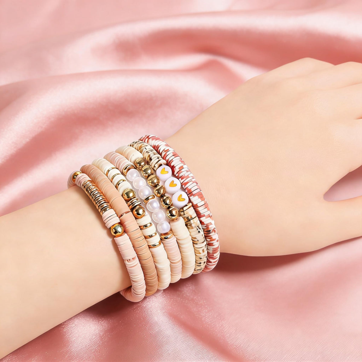 YEOSMINE Boho Heishi Clay Beaded Stretch Bracelets Stack For Women, Preppy Teens Friendship Gold Bracelets Cute Beach Surfer Accessories Bulk Set Trendy Fashion Jewelry
