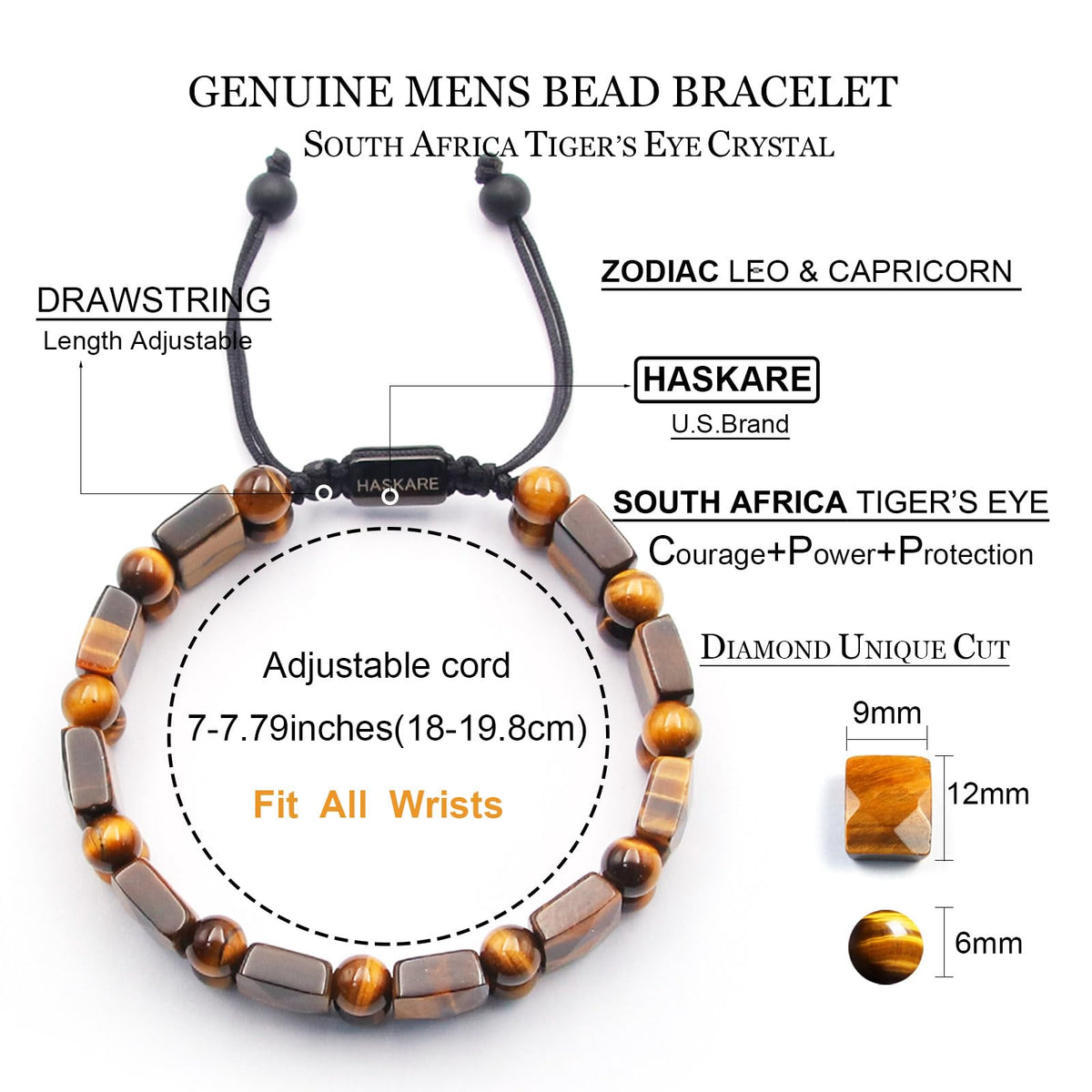 Tiger Eye Bracelet for Men, HASKARE Natural Men Beads Bracelet Energy Healing Stone Protection Crystals for Anxiety, Genuine Crystal Mens Beaded Bracelet Drawstring Unique Jewelry Gift for Mens Balance