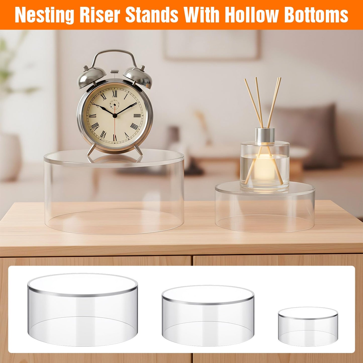 Afcabakila 6Pcs Round Acrylic Risers Display Stands, 5.9'' 5.1'' 3.5'', Clear Round Nesting Pedestal Shelf with Hollow Bottom for Tabletop Jewelry Display, Buffet Riser Stands for Dessert Table,3Sized