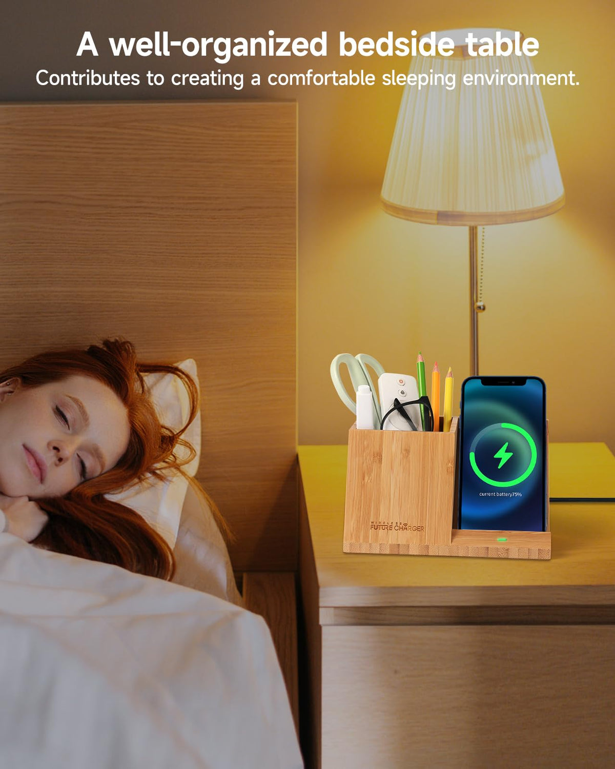 Bamboo Pen Holder for Desk & Nightstand Organizer with Fast Wireless Charging for iPhone, Samsung & More – Office Desk Accessories for Men/Women (Bamboo)