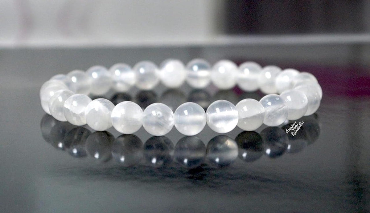 AWAKEN YOUR KUNDALINI Selenite Stretch Bracelet – 10mm Beads, Taurus & Gemini Birthstone