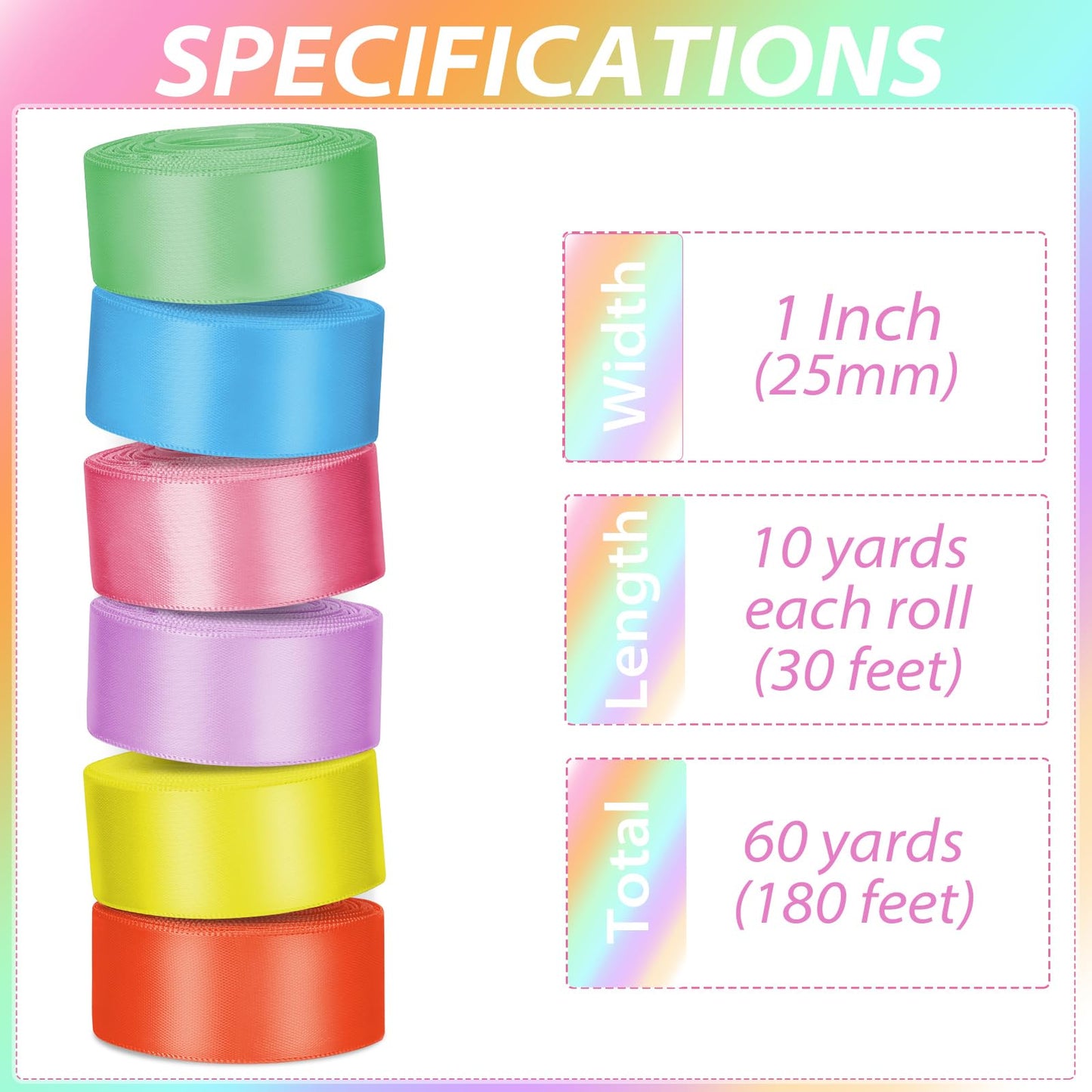Jacriah 1 Inch Rainbow Satin Ribbons for Crafts, 6 Rolls Single-Faced Rainbow Assorted Ribbons for Gift Wrapping Flower Bouquet Wedding Invitations Bridal Shower Hair Bows Garland Party Decor