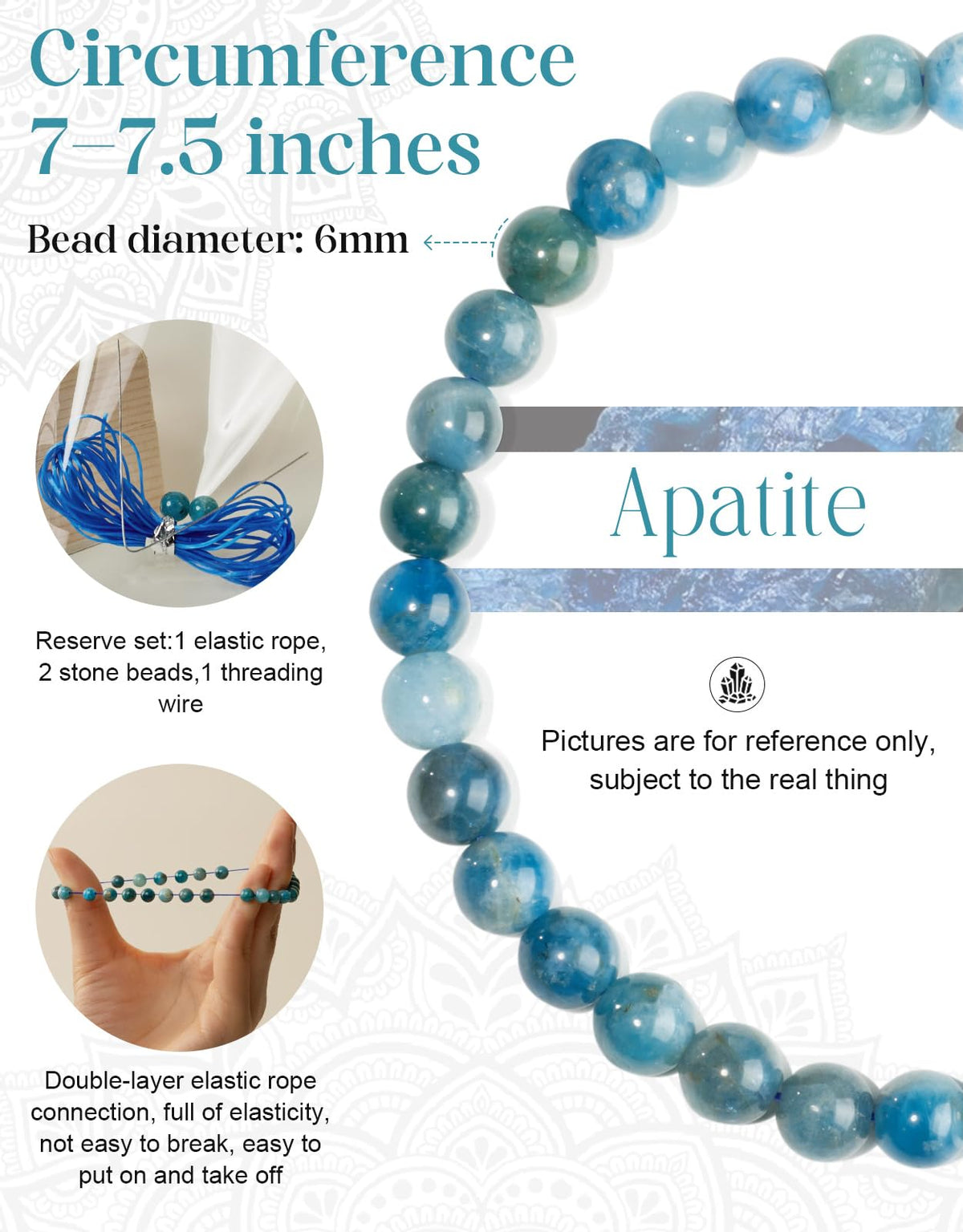 Landorilo Beaded Bracelet for Men Women, 6mm Natural Stone Apatite Healing Crystal Stretch Bracelets, Ideal Christmas Birthday Jewelry Gifts with Energy Card，Replacement Beads Included