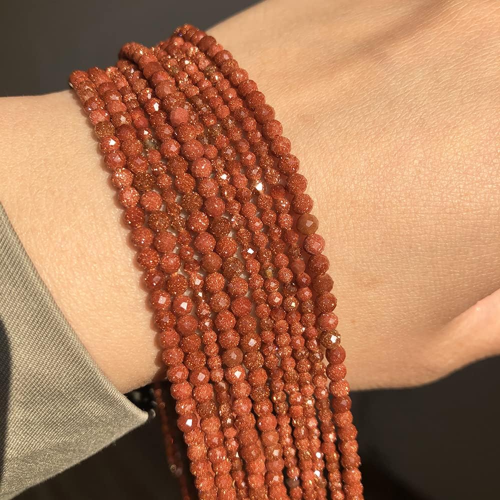Song Xi 180pcs 2mm Natural Golden Sandstone Gemstone Beads Faceted Round Loose Stone Beads for Jewelry Making (1 Strand)