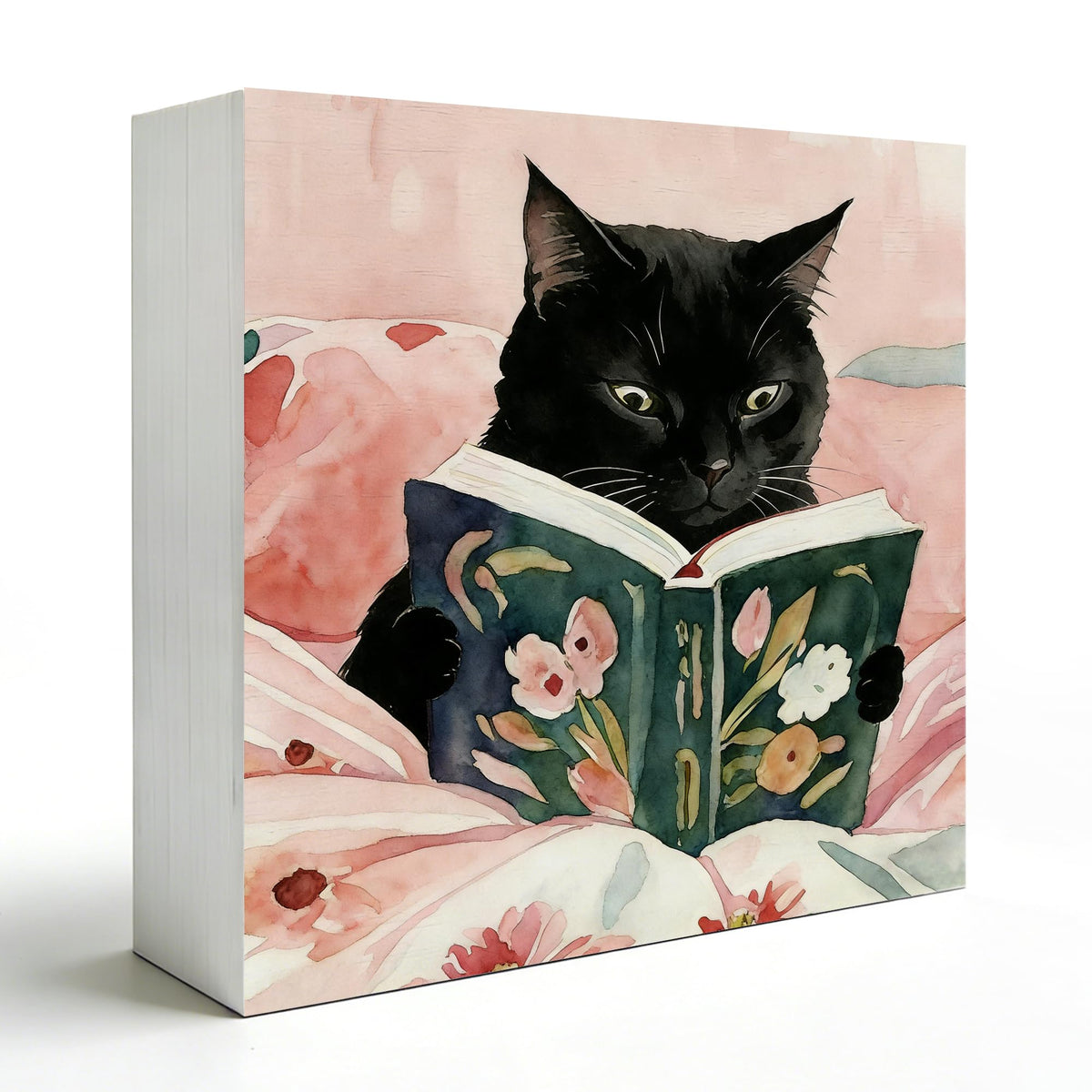 NHGMHBD Funny Black Cat Reading Book Wooden Box Sign 5x5 Inch, Reading Room Nook Corner Decor, Pink Bookish Kitten Decorative Wood Signs for Library Book Room Nook Home Desk Tabletop Shelf Decorations
