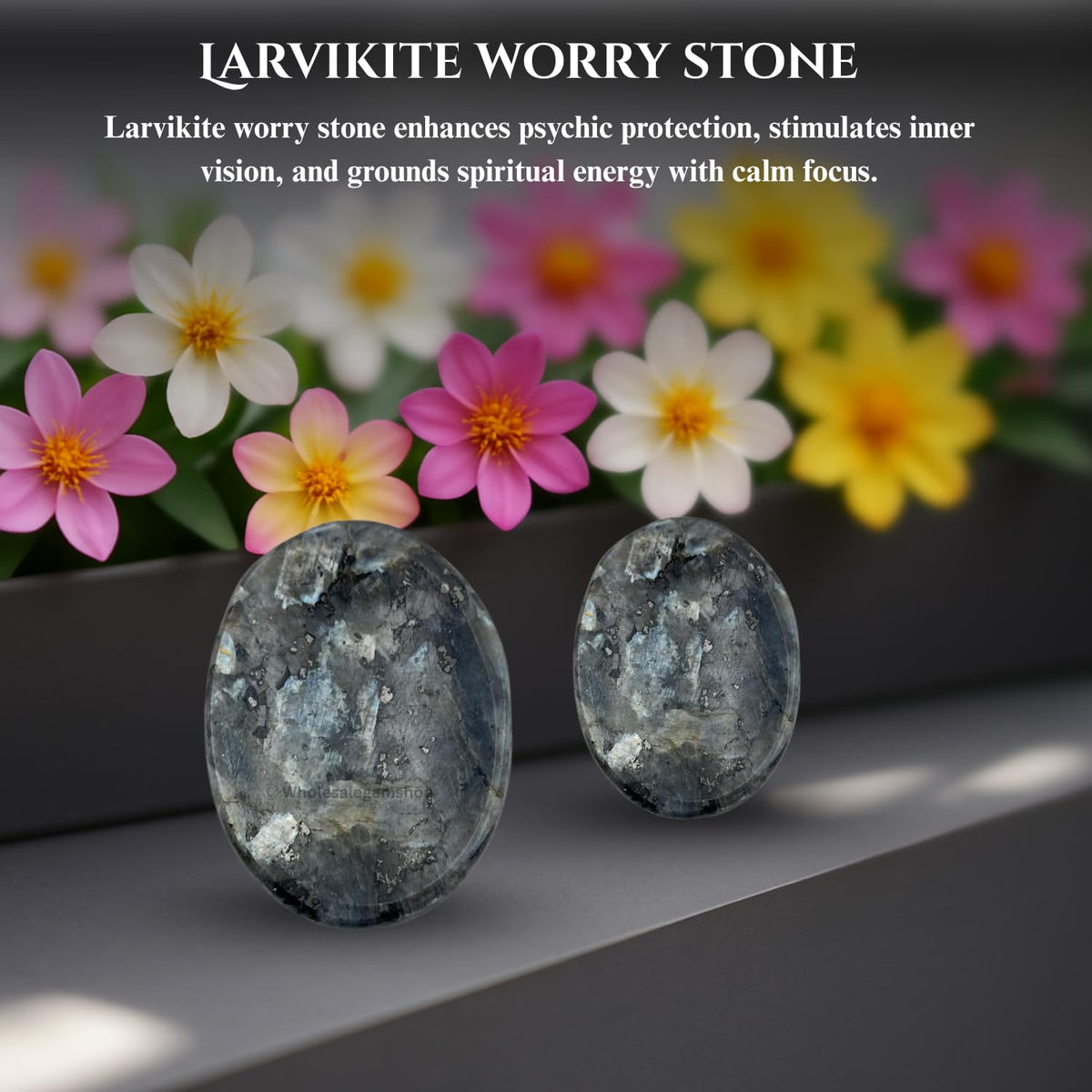 GEMSCITE Larvikite Thumb Worry Stones Metaphysical Gemstone Crystal Healing Reiki Men Women Gift Feng Shui Positive Energy Love Wellness Palm Stones Wicca Powerful