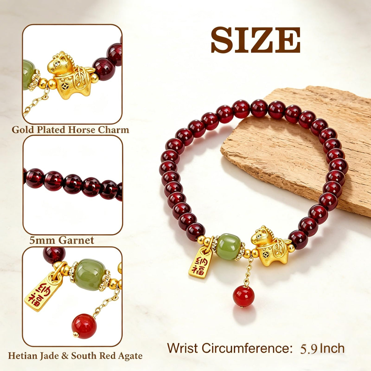 Buddha Stones 5mm Red Garnet Bracelet for Women Gold Horse Bracelet with Hetian Jade and Agate, Feng Shui Wealth Zodiac Bead Charm Bracelets Healing Crystal Jewelry Gifts 6.7 Inch