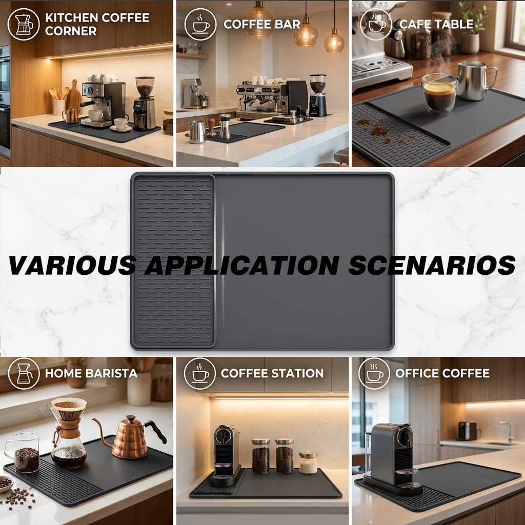 Caketime 2 In 1 Silicone Coffee Bar Mat Accessories for Ninja Coffee Maker with Detachable Dish Drying Rug Kitchen Counter Under Sink Drainer Appliances Dorm Room Decor 16"x24" Extra Large Black