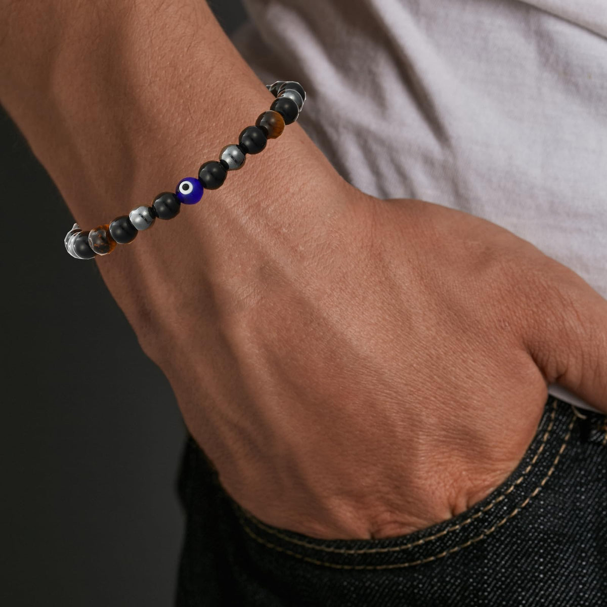 Gnamy Triple Protection Beaded Bracelet Gifts for Men, Tiger Eye Hematite Black Obsidian Evil Eye Bracelets Christmas Birthday Valentines Anniversary Healing Sobriety Jewelry Gifts for Husband Dad Boyfriend Brother Him
