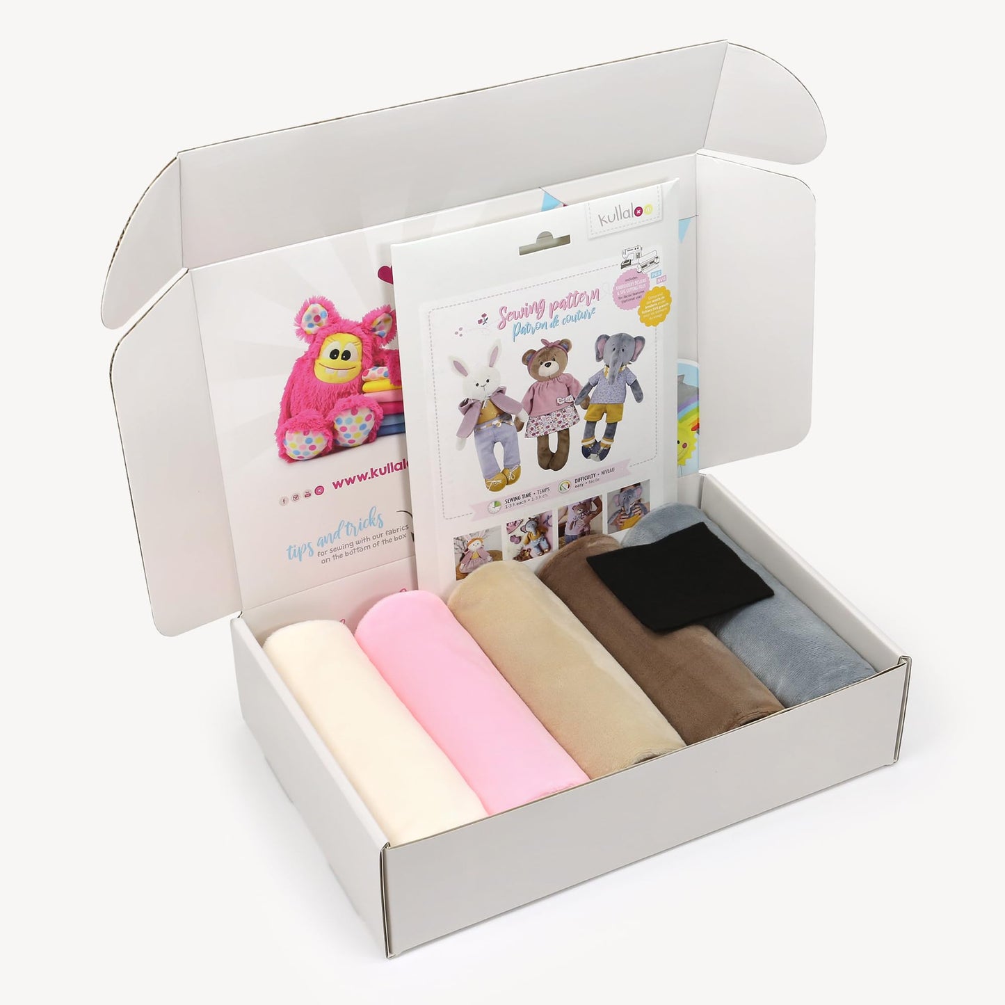 kullaloo Doll Sewing Kit ✦ DIY Plush Bunny, Bear & Elephant with Clothes ✦ Sewing Pattern & Supersoft Fabric Bundle ✦ Includes Sewing Pattern with PES & SVG Files
