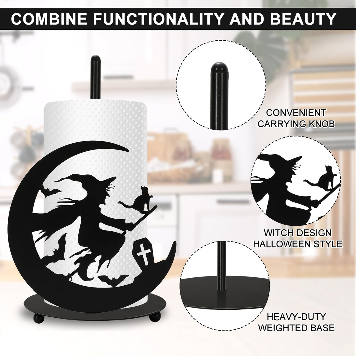 JarThenaAMCS Halloween Paper Towel Holder Black Witch Kitchen Decor Accessories for Home Bathroom, Large Metal Towel Holder Stand for Countertop