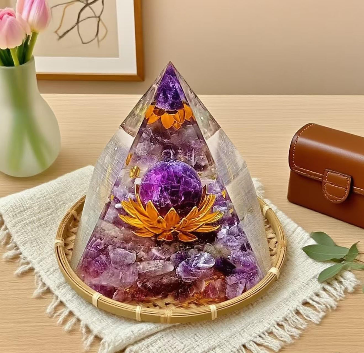 ycyingcheng Moonstone Crystal Orgone Pyramid Ogan Crystal Energy Tower, Nature Reiki Chakra Crushed Stone Jewelry, Crystal Pyramid for Home Decor (Lotus Base Amethyst)