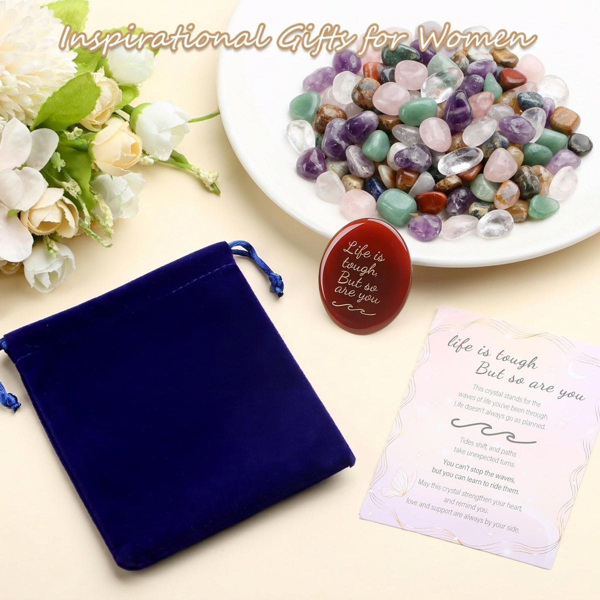 NUKAYAI Inspirational Gifts Worry Stone Red Agate Stone Crystal Natural Healing Crystals Oval Tiny Stress Relief Trinkets Fidget Palm Meditation Accessories Anxiety Relief Items Gifts for Women Men