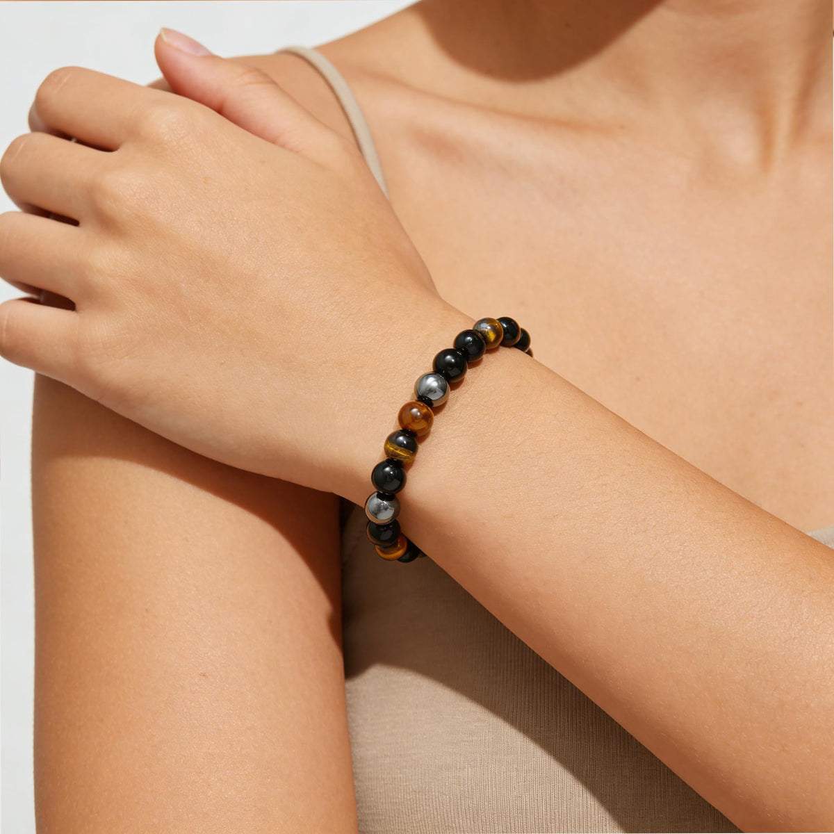 Kenailw Triple Protection Bracelet Gifts for Women, Healing Crystal Beaded Hematite Black Tourmaline Tigers Eye Natural Stone Healing Birthday Christmas Gifts Jewelry for Her Mom Best Friend