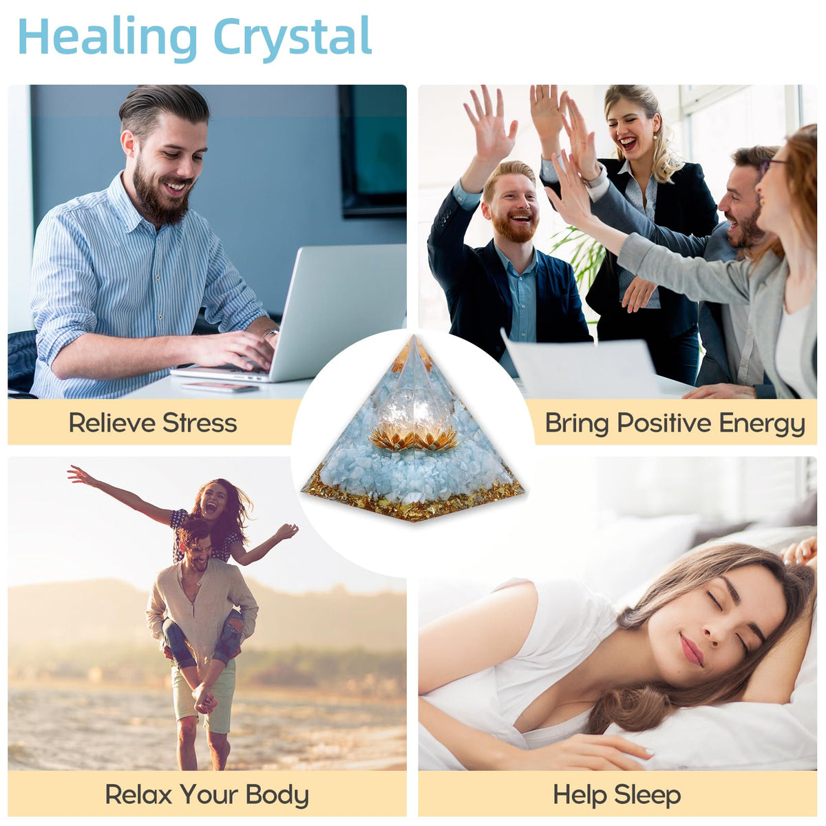 Hopeseed Orgone Pyramid for Positive Energy, Orgonite Natural Blue Quartz&White Crystal Healing Crystals Pyramid for Reduce Stress Chakra Reiki Healing Meditation Cleanses the Mind Boosts Confidence