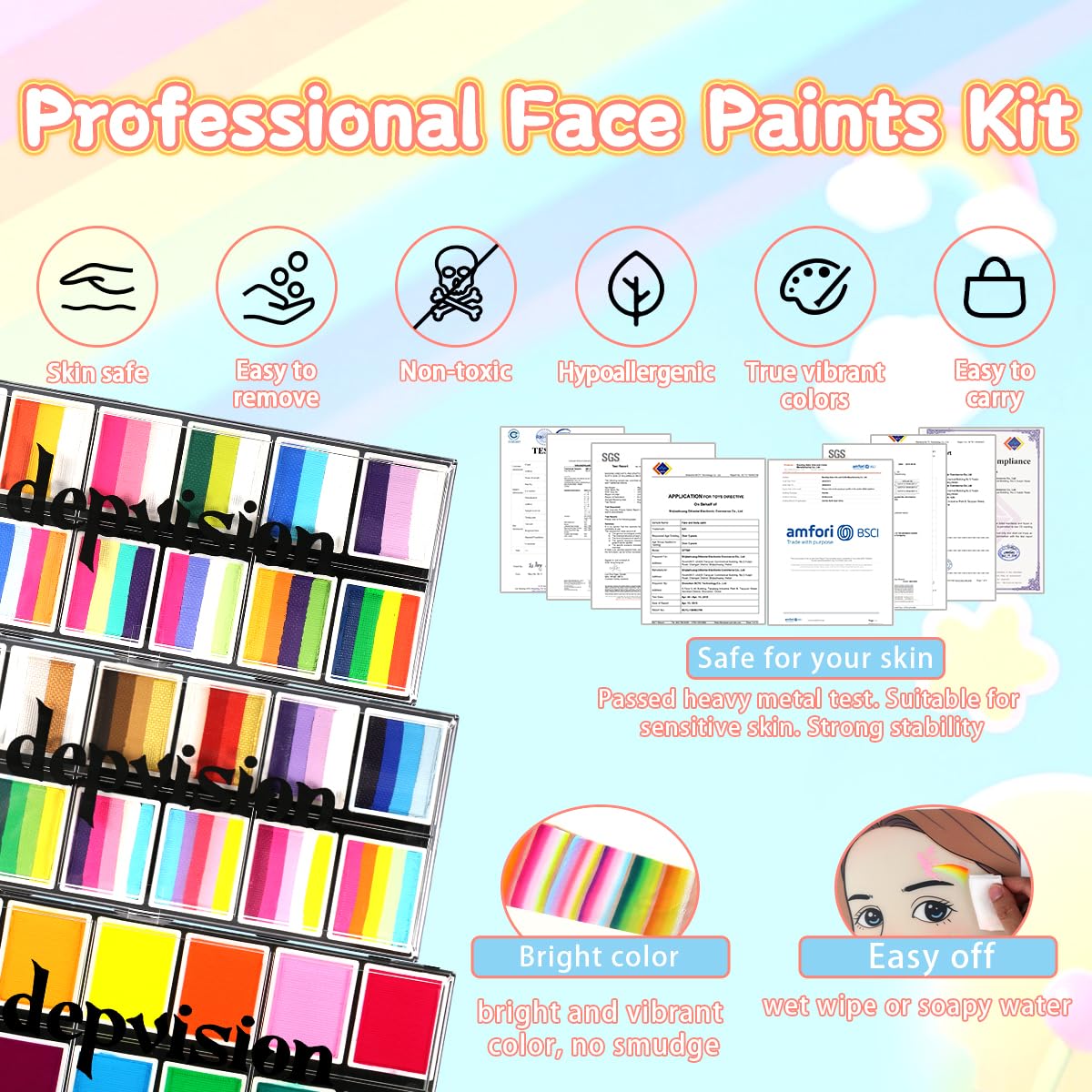 Professional Face Painting kit 110 Colors Split Cake Face Paint 96 pcs Set Non-Toxic Washable & Safe with Brushes Sponges Glitter Stencils for Halloween Makeup Kit for Pro Face Painter full kit