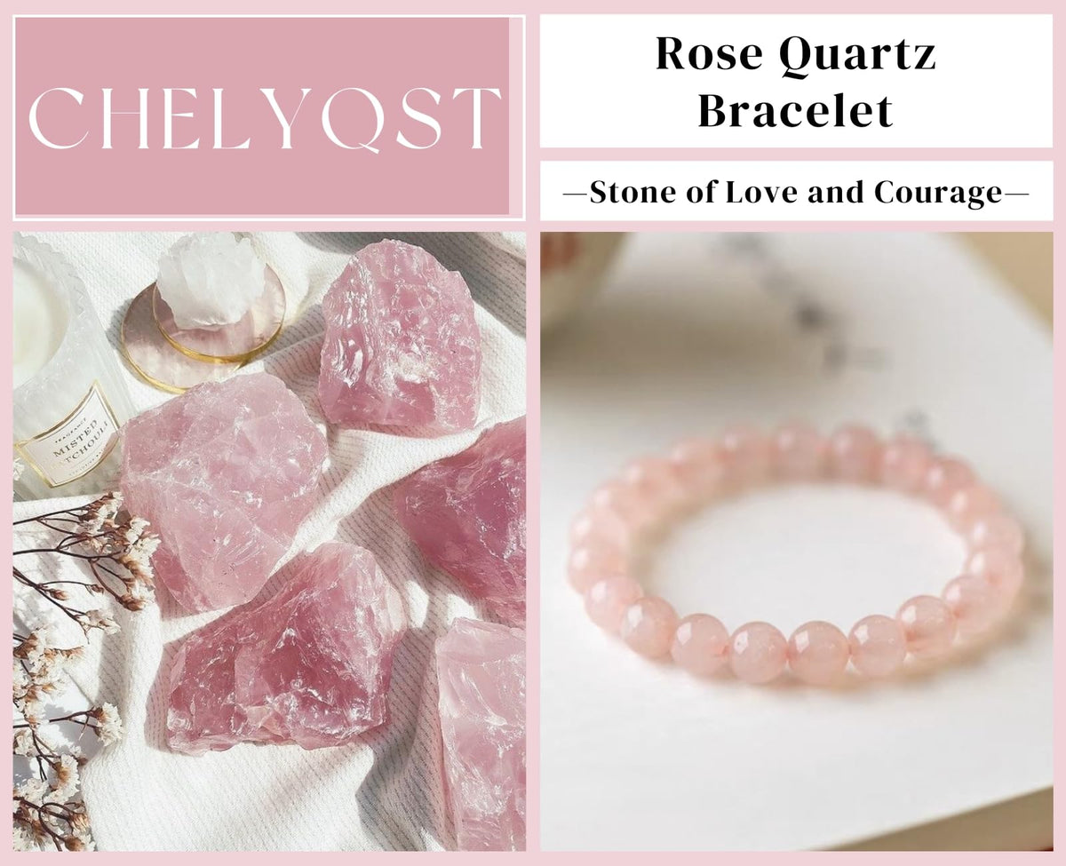 CHELYQST Rose Quartz Bracelet - Stone of Love and Courage,Stretch Natural Stone Crystal Beads Jewelry Gifts for Women Men Unisex Adult,8mm