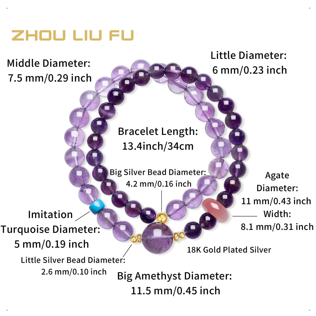 ZHOU LIU FU Sterling Silver Beaded Bracelets Natural Lucky Purple Gemstone Stretch Bracelet Circular Agate Beads Dainty Jewelry for Women Mom Daughter Birthday Anniversary 13.4"/34CM J1922133