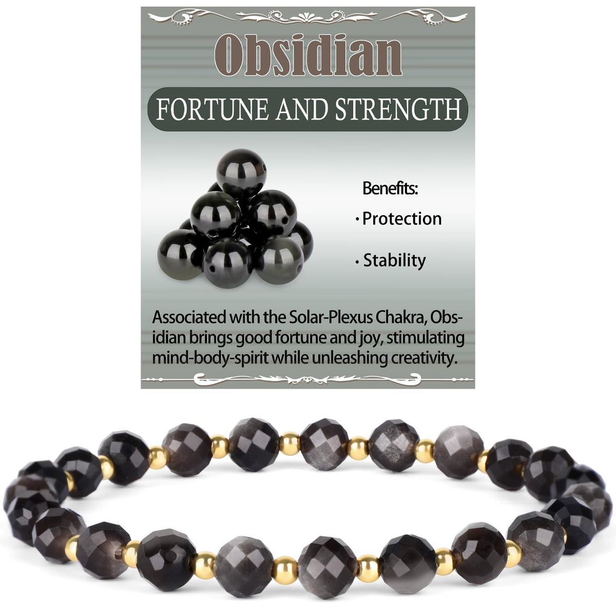 QOGIR Silver Obsidian - Fortune and Strength - 14K Gold Plated Beads Natural Gemstone Stretch Elastic Dainty Healing Beaded Bracelets Gifts 6mm