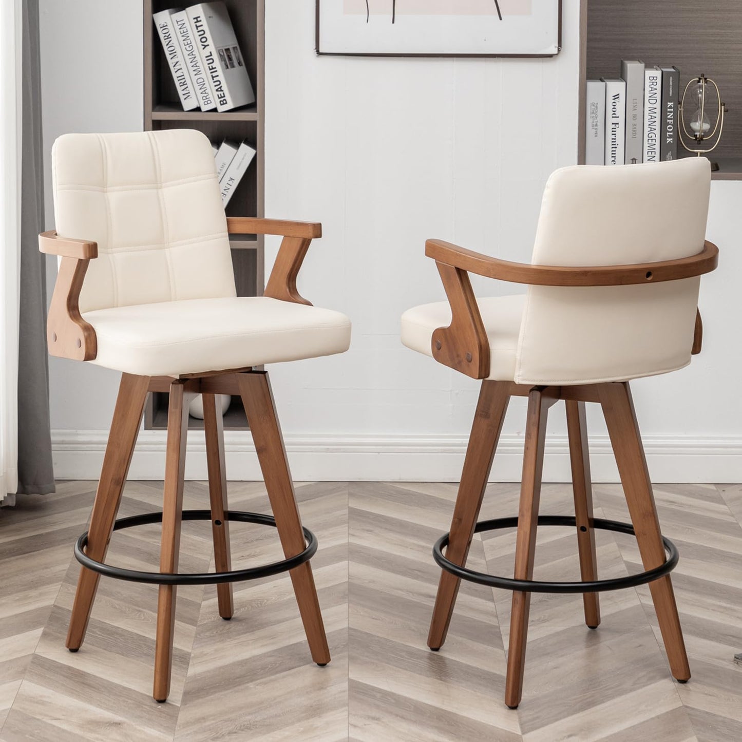 MEKLIBA 26” Counter Height Bar Stools,Leather Upholstered Bar Chair, Swivel Bar Stools with Back and Arms，Modern Beige Barstool Set of 2 for Kitchen Island