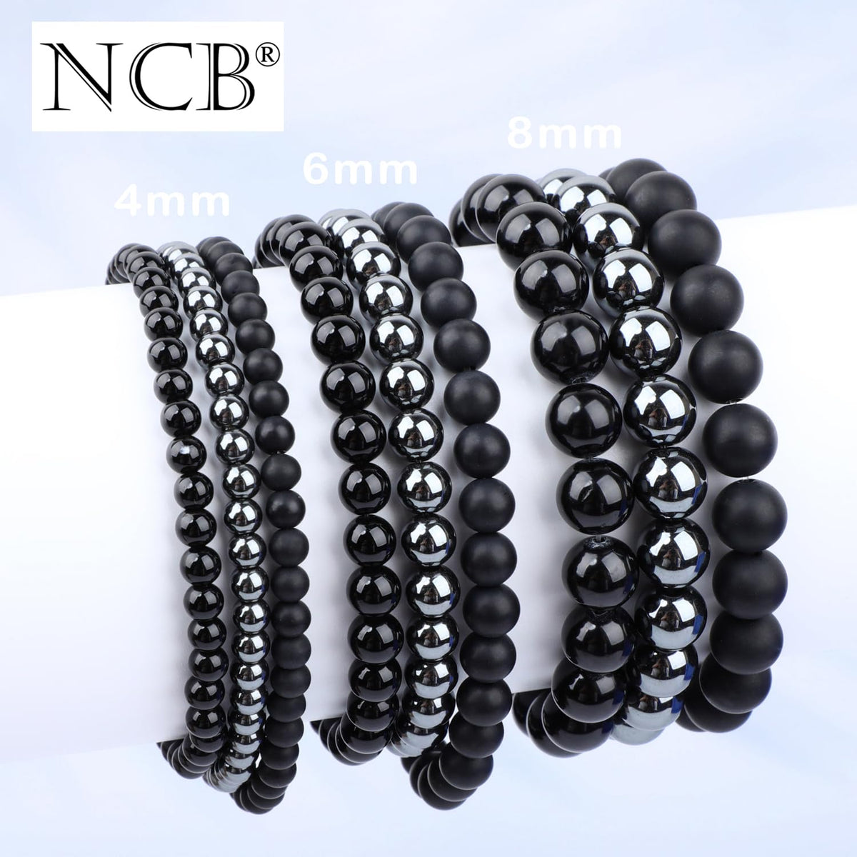 NCB 3-Piece 4mm Natural Crystal Gemstone Stretch Bracelets – ﻿Black Onyx, Hematite, Matte Black Agate Handmade Reiki Energy Healing Jewelry for Meditation,Yoga, Unisex