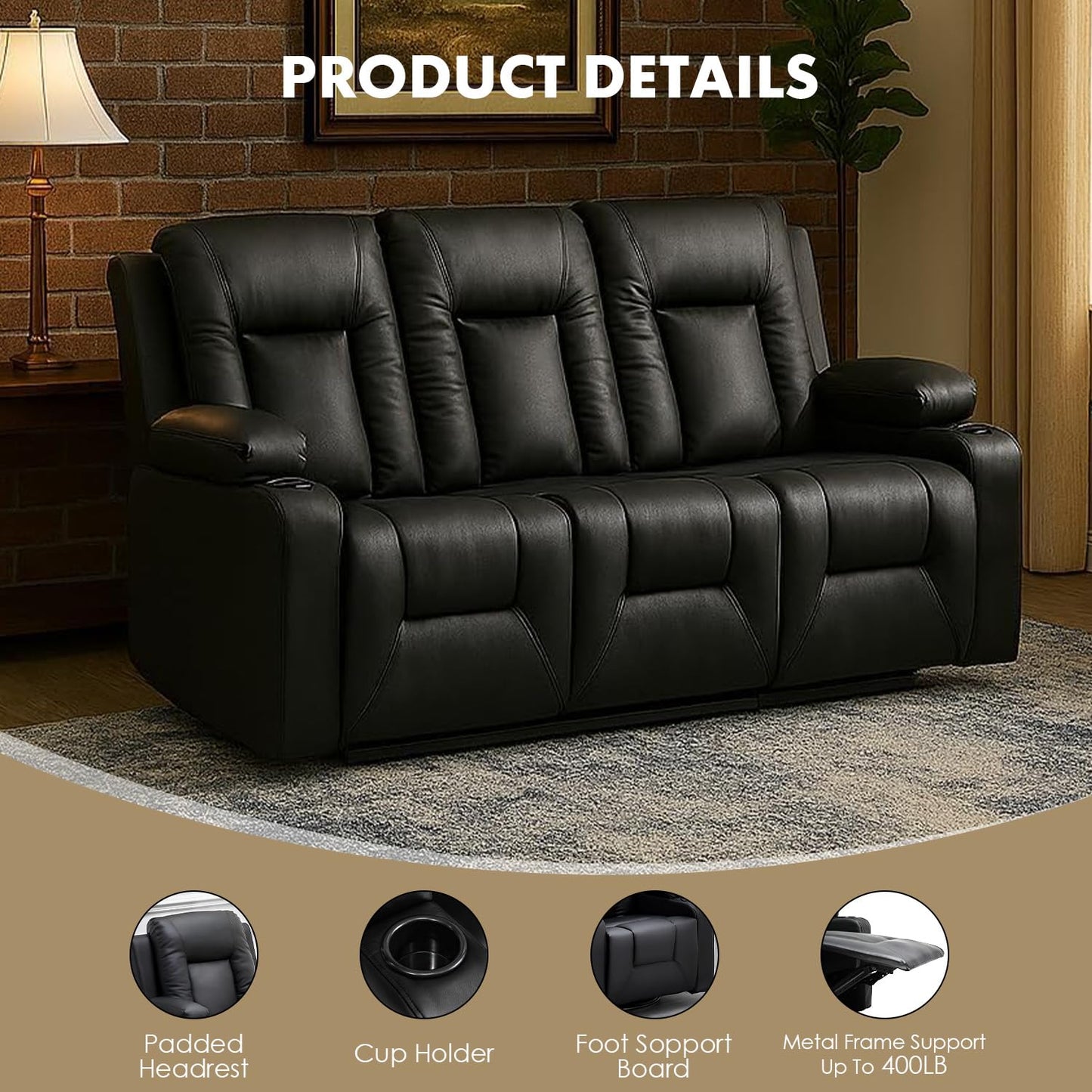 LUCKLIFE Leather Recliner Sofa Set with Manual Recliners,Living Room Furniture Set with Reclining Couch,Loveseat and Armchair,Living Room Chair with Cup Holders,Black (3)