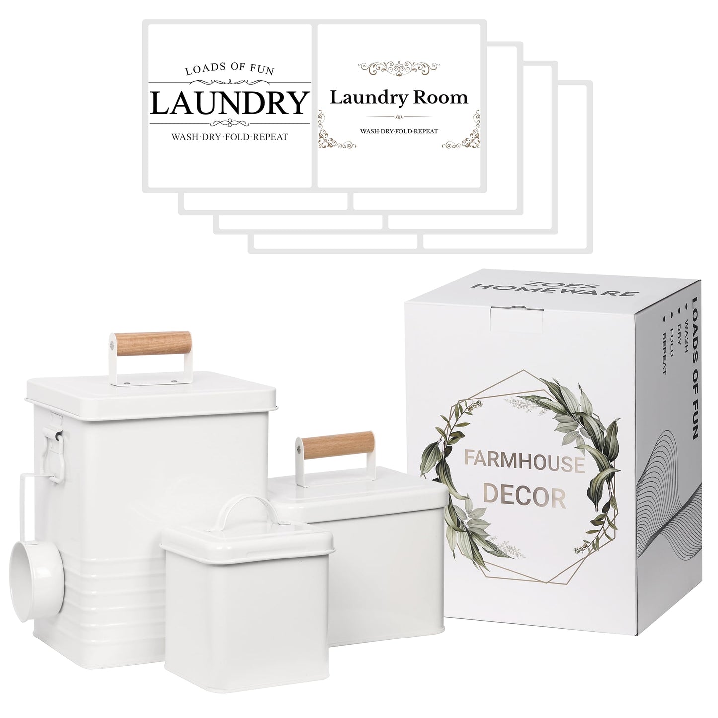 ZOES HOMEWARE 3-Set Laundry Room Organization and Storage | Modern Farmhouse Laundry Room Decor | Laundry Container for Organizing Laundry Pods, Laundry Powder, Dryer Sheets, Dryer Balls, Cream White