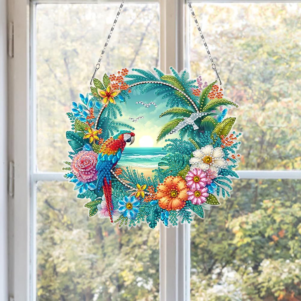 C'eitura DIY Acrylic Beach Flower Parrots Diamond Painting Kit, 5D Special Shape Drill Ocean Art for Home Decor, Unique Summer Gift，Relaxing DIY Craft Kit for Adults & Teens