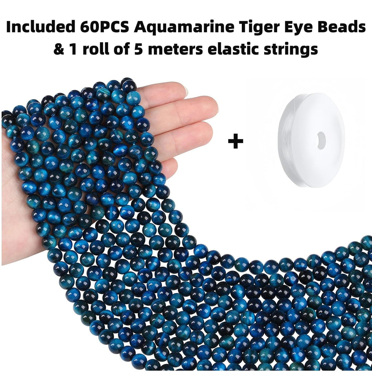 QINJIEJIE 60PCS Aquamarine Tiger Eye Beads 8mm Stone Beads Round Loose Gemstone Bead for Bracelet Beading Crystal Making DIY Necklace Earrings 0.32"