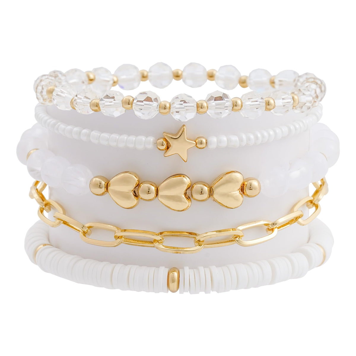 RISHEGAE Heishi Beaded Stretch Bracelets for Women Stackable Gold Polymer Clay Beads Bracelet Friendship Boho Summer Beach Bracelets Jewelry Set (B-White Link)