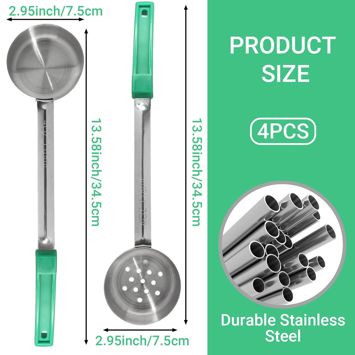 Opfiue 4PCS 4 oz Portion Control Serving Spoons,Measuring Ladle Scoops Food Utensils,Proportion Manage Slotted and Unslotted Scoops for Weight Loss/Kitchen(Green)