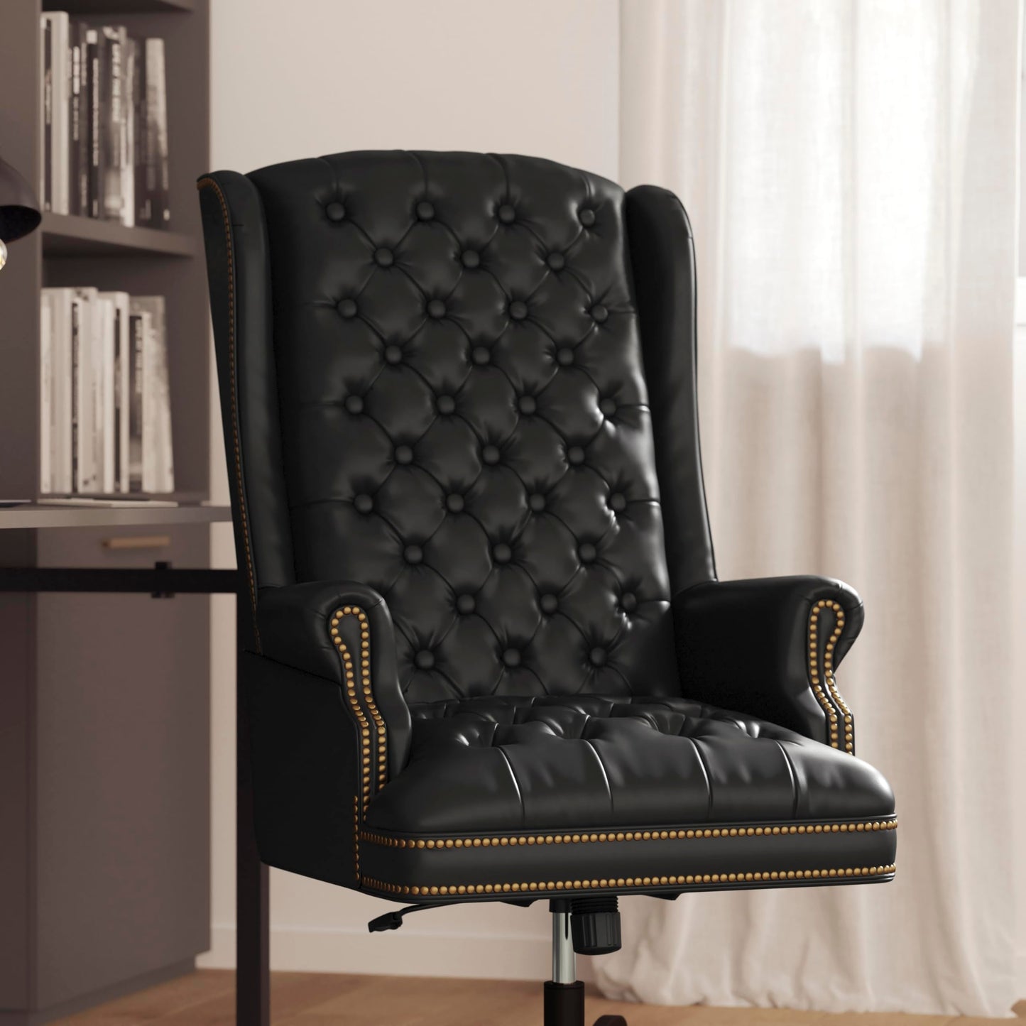 Flash Furniture High Back Traditional Fully Tufted Black LeatherSoft Executive Swivel Ergonomic Office Chair with Arms