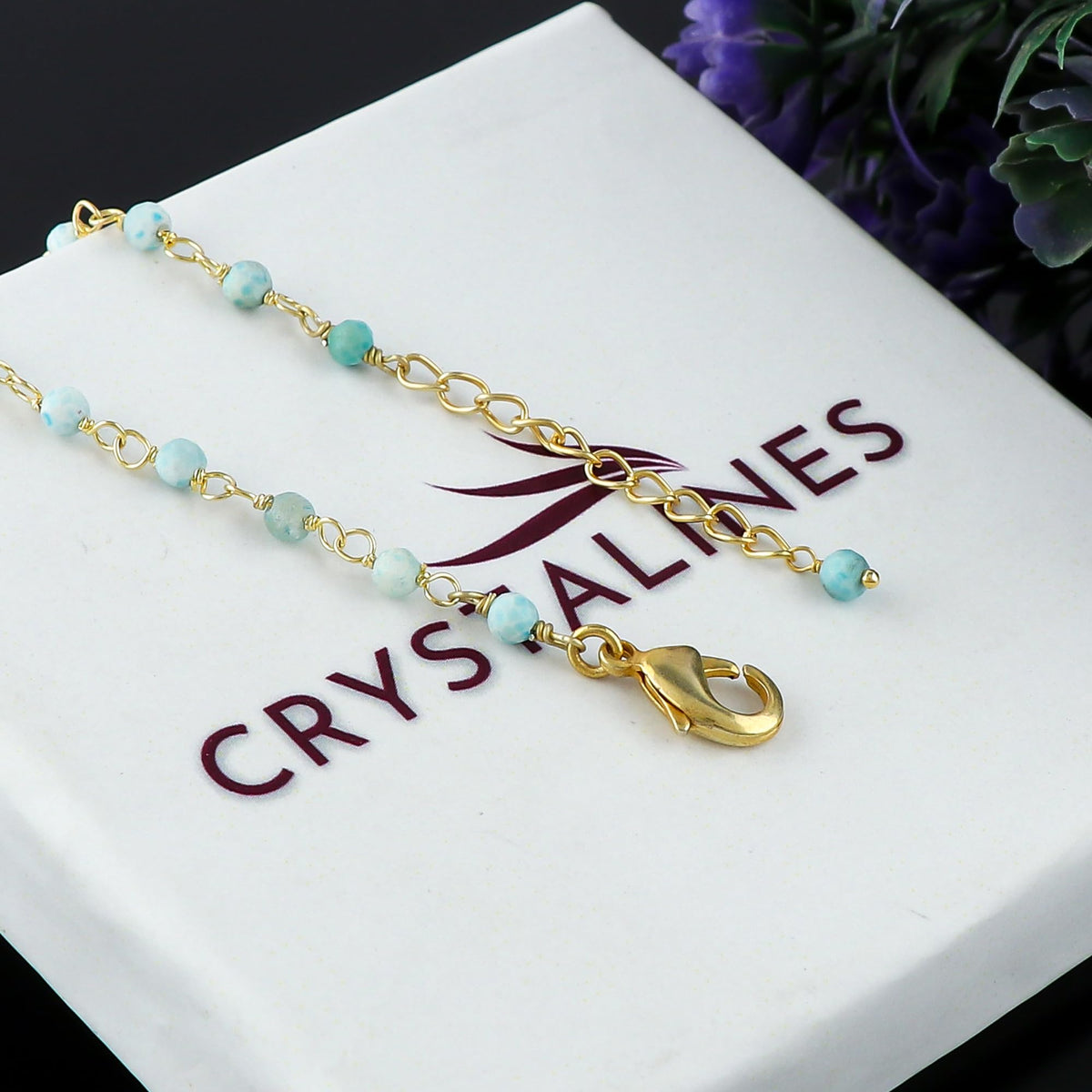 CRYSTALINES Natural Sky-Blue Larimar Gemstones Bracelet Handmade Hypoallergenic Gold Plated Jewelry for Women Healing Crystals Microfaceted Beads Rosary Chain Boho Birthday Bracelet, 7+1inch