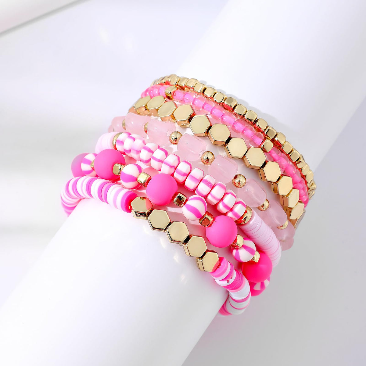 GOOJIDS Surfer Heishi Clay Bead Bracelets for Women Bohemian Stackable Gold Plated Beaded Stretch Bracelets Elastic Layering Friendship Bracelets Set Boho Jewelry