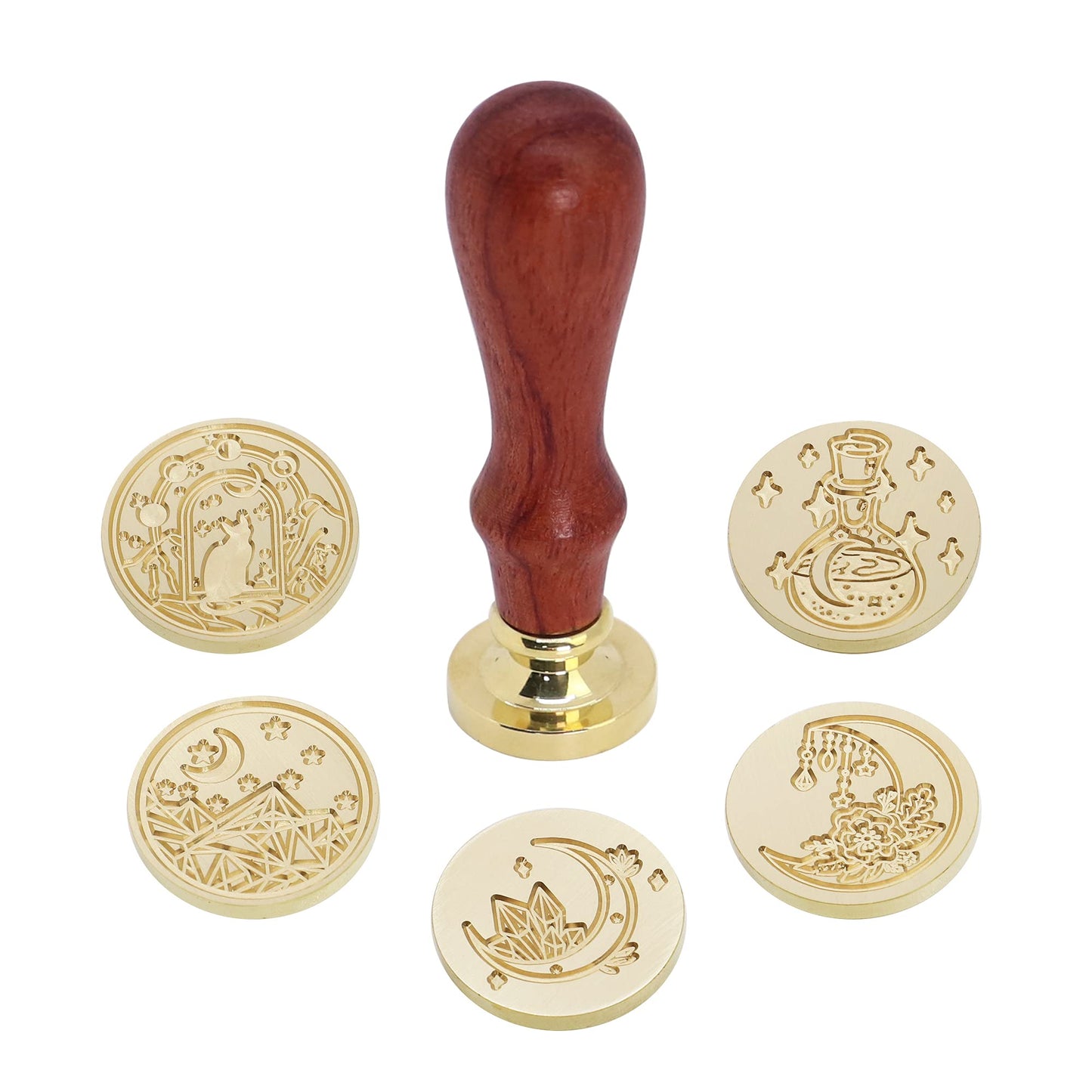 SWANGSA Wax Seal Stamp Set, Vintage 6 Pieces Moon Series Sealing Stamp Heads and 1 Wooden Handle Wax Seal Kit