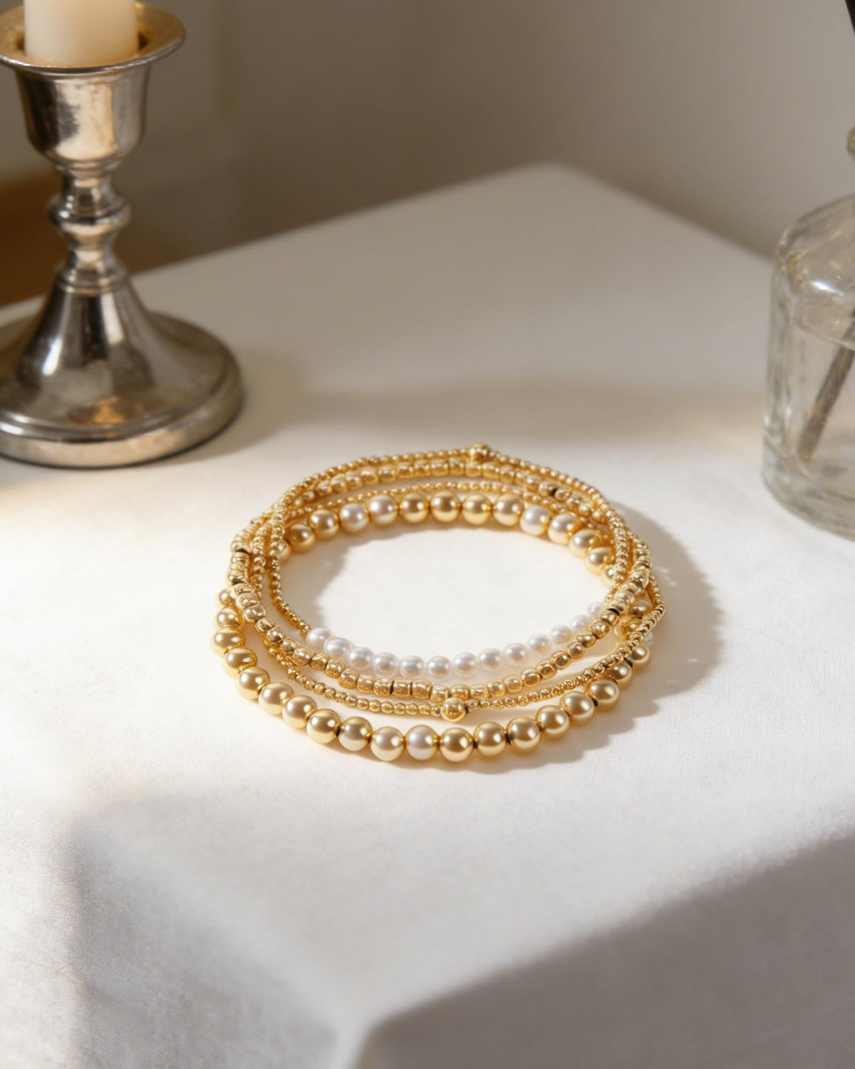 CLOORDE 4 Pcs Gold Beaded Bracelets for Women Layered 14k Gold Plated Beads Bracelets Trendy Stretch Stack Pearl Golden Beaded Brace-lets Wedding Party Prom Hand Jewelry Accessories Gifts for Her