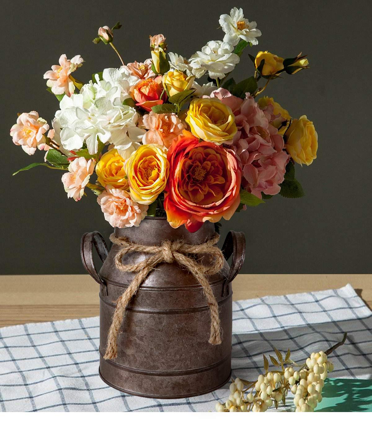 HyFanStr Shabby Chic Metal Flower Vase Rust Painted Decor Milk Can Bucket Country Primitive Jug Farmhouse Decoration Small