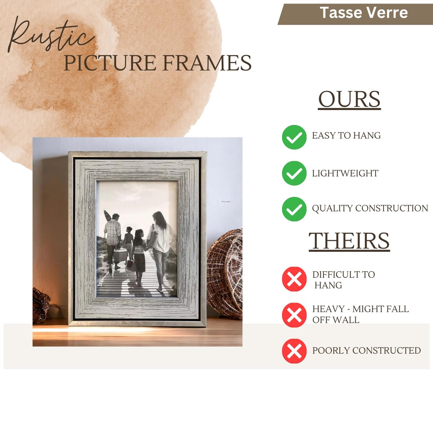 Tasse Verre 5x7 Rustic Picture Frames 3-Pack, Distressed Farmhouse-Style Table Frame, Brushed Industrial Silver Metal Look Frame with Wood Looking Insert, Ready-to-Hang Hooks.