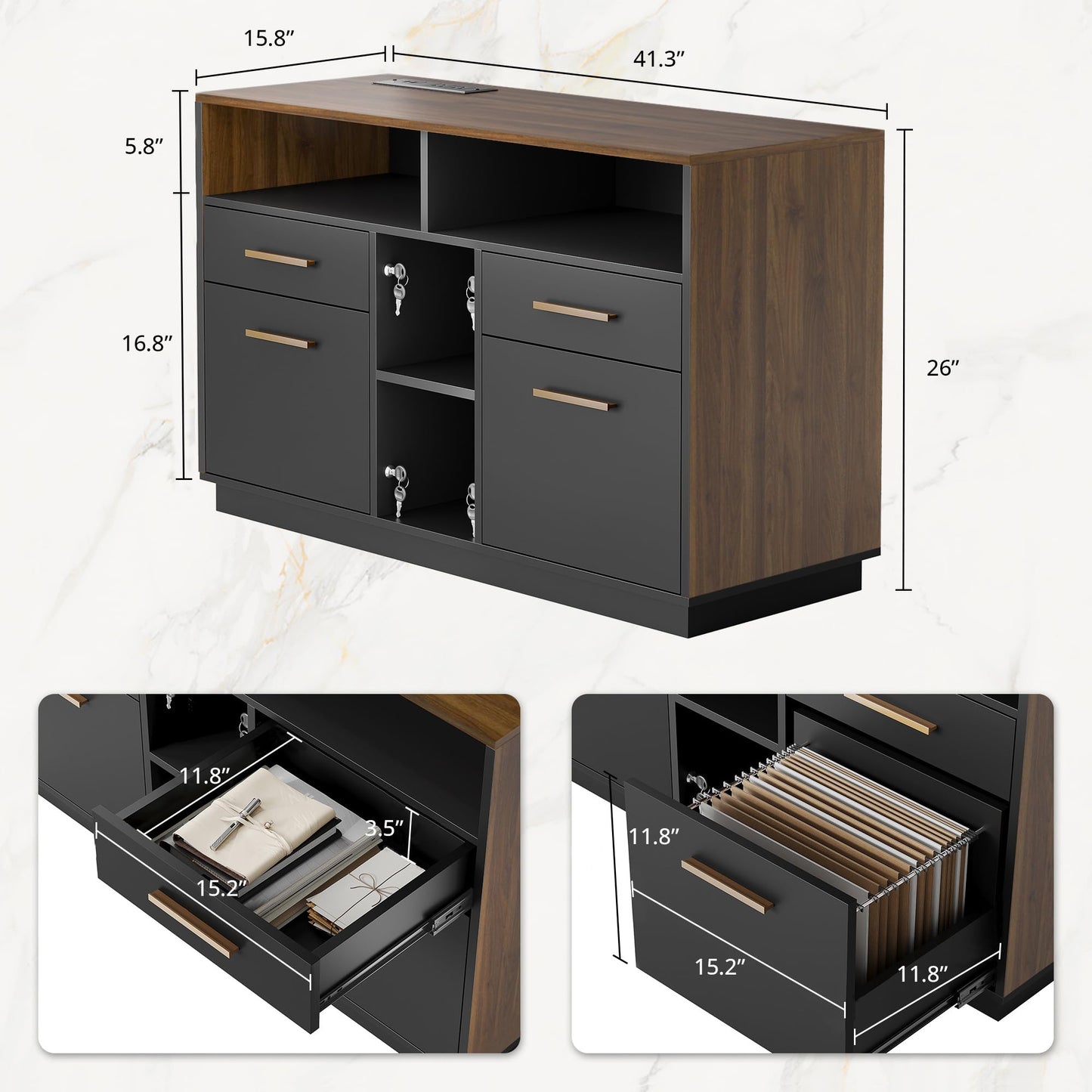ModernMate 4 Drawer File Cabinet, Wood Filing Cabinet for Home Office with Lock, Power Strip, Storage Shelves, Home Office Lateral File Storage Fits A4/Letter Size, Black Walnut