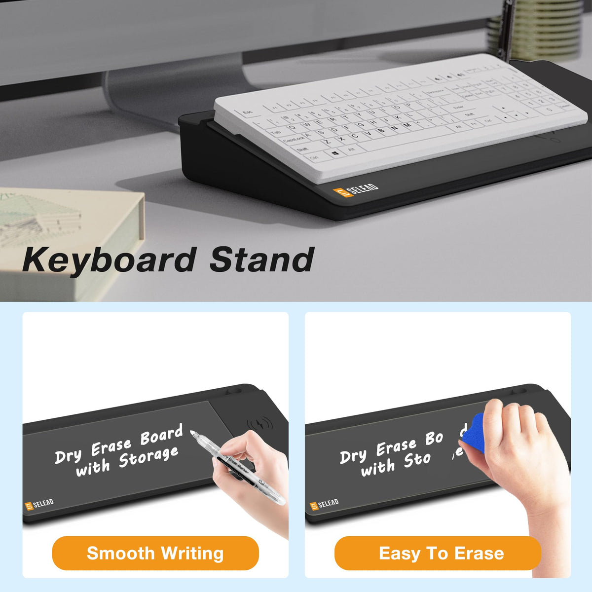 SELEAD Desktop Glass Whiteboard with Wireless Charger Station, Dry Erase Board Computer Pad Keyboard Stand with Organizer for Home, School, Office Desk Accessories, Black