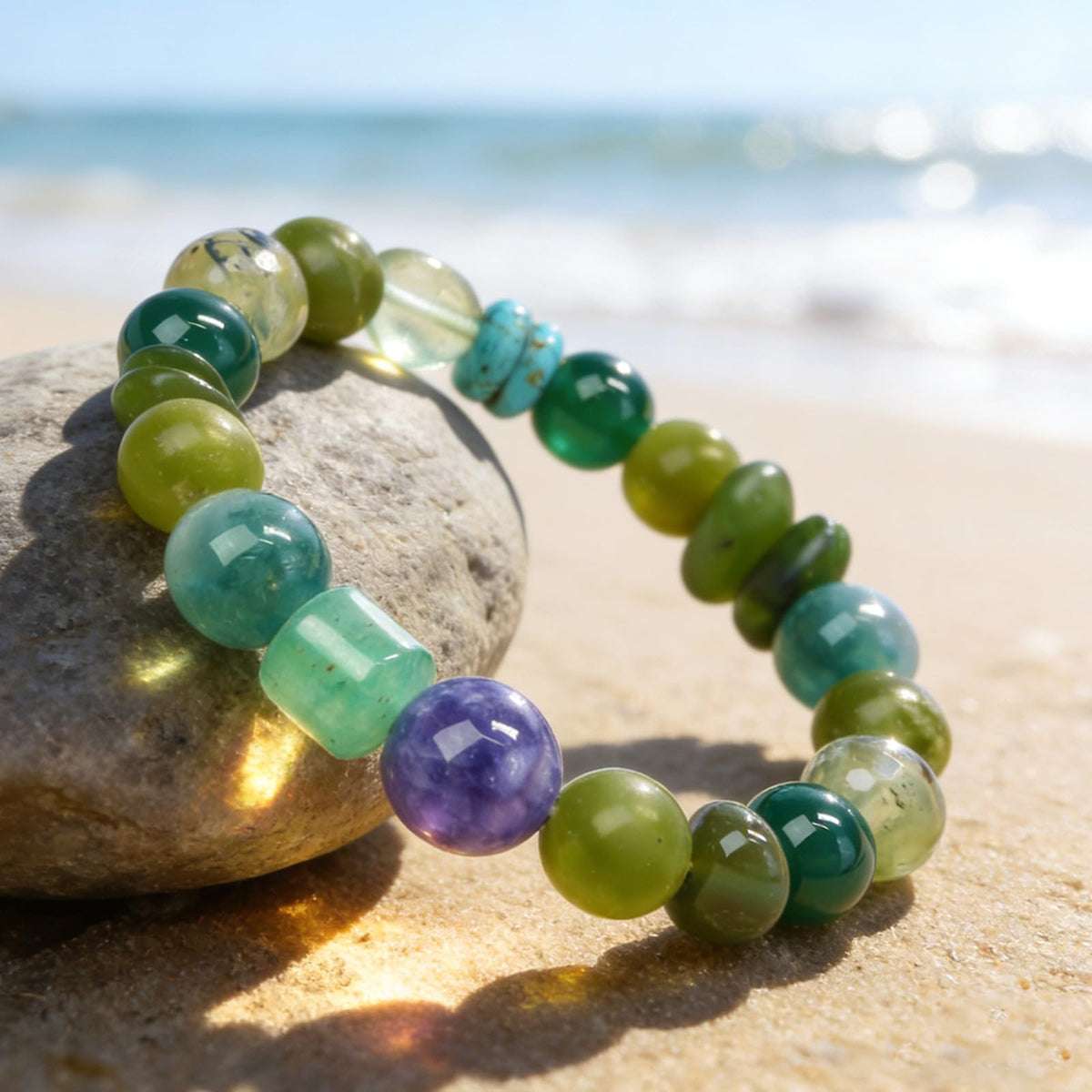 Boho Colorful Beaded Bracelets for Women, Handmade Stretchy Gemstone Bead Bracelet, Summer Women Beach Stackable Bead Bracelets Natural Healing Crystals Relax Stone Bracelets Unique Gifts for Mother (Green)