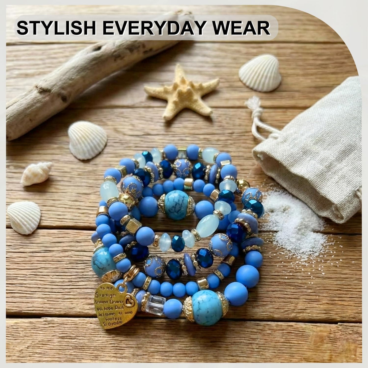 Ysenchan Bohemian Bracelet Set for Women, 4 Pcs Beaded Stackable Bracelets with Heart Charm, Stretch Bracelets, Boho Jewelry Gift – [Blue]