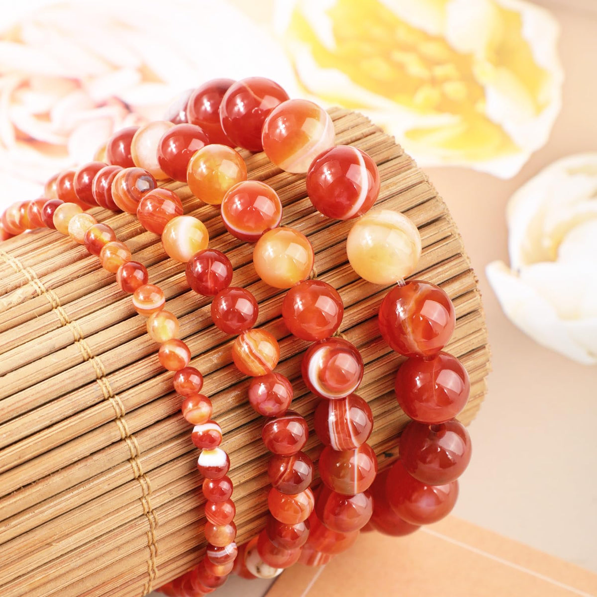 AD Beads 6mm Handmade Red Stripe Agate Elastic Bracelet – Natural Gemstone for Confidence – Meditation, Yoga, Healing and Energy Gift for Men Women