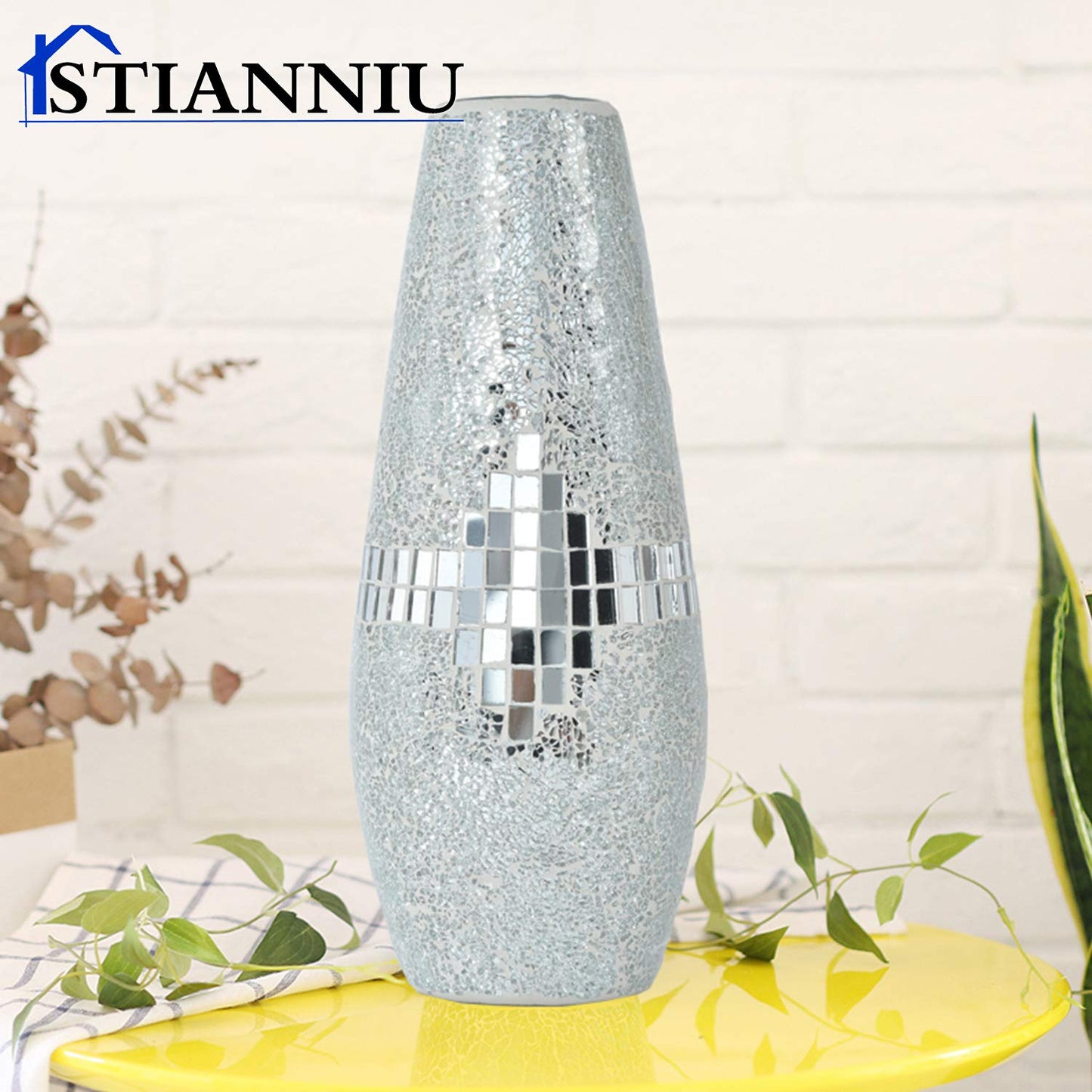 Decorative Shine Vase Stunning Handmade Mosaic Crackle Glass House Decor Table Centerpieces Modern Room Decoration (Silver)
