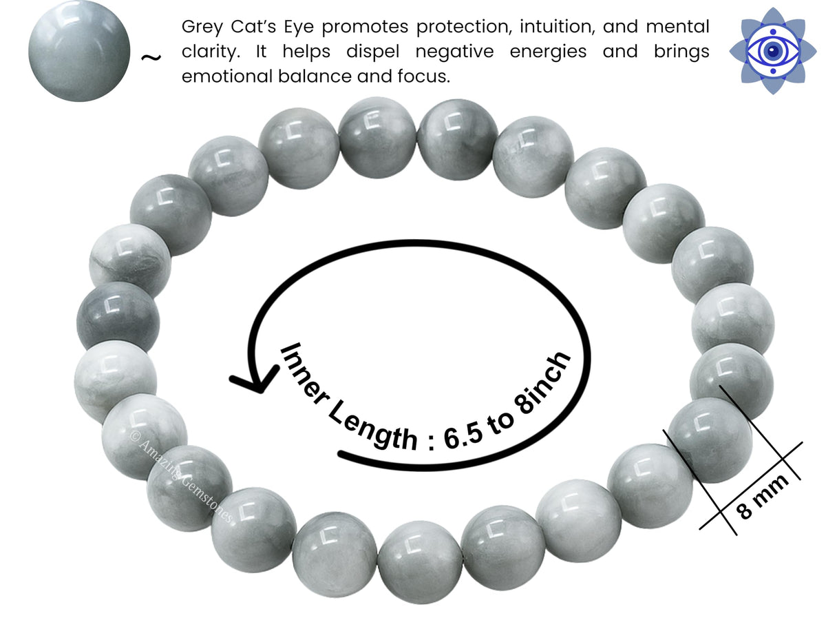 Amazing Gemstone Grey Cats Eye Bracelet for Women Men's Gifts - Protection Healing Crystal Bracelet - 8mm Gemstone Beaded Stretchable Bracelet Pulseras Para Hombres Mujer Stocking Stuffers Mothers Day Gift