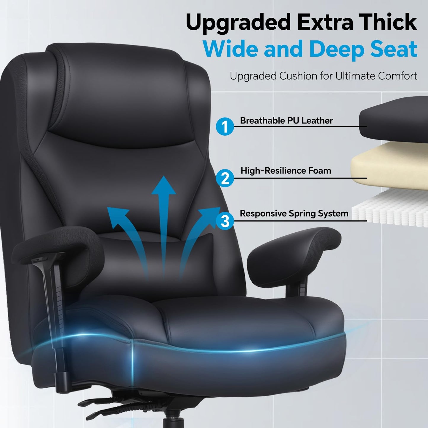 Big and Tall Office Chair - 650LBS Ergonomic Desk Chair, Leather High Back Executive Office Chairs, Plus Size High Back Desk Chair with Thick Cushion & Wide Seat, Heavy Duty Computer Gaming Chair