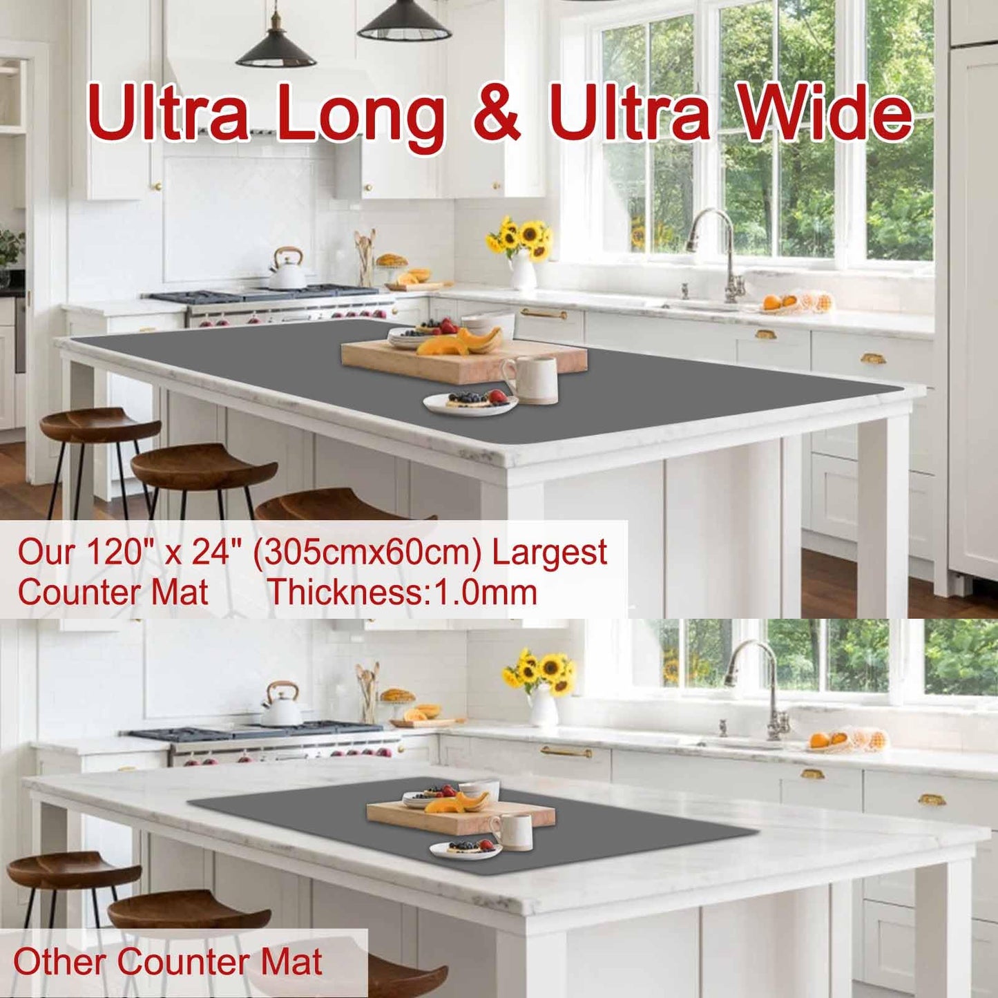 Largest Silicone Mats for Kitchen Counter, 120" x 24" Extra Large Heat Resistant Counter Mat, Kitchen Island Waterproof Thicken Non-slip Countertop Protector Mat, Dark Gray
