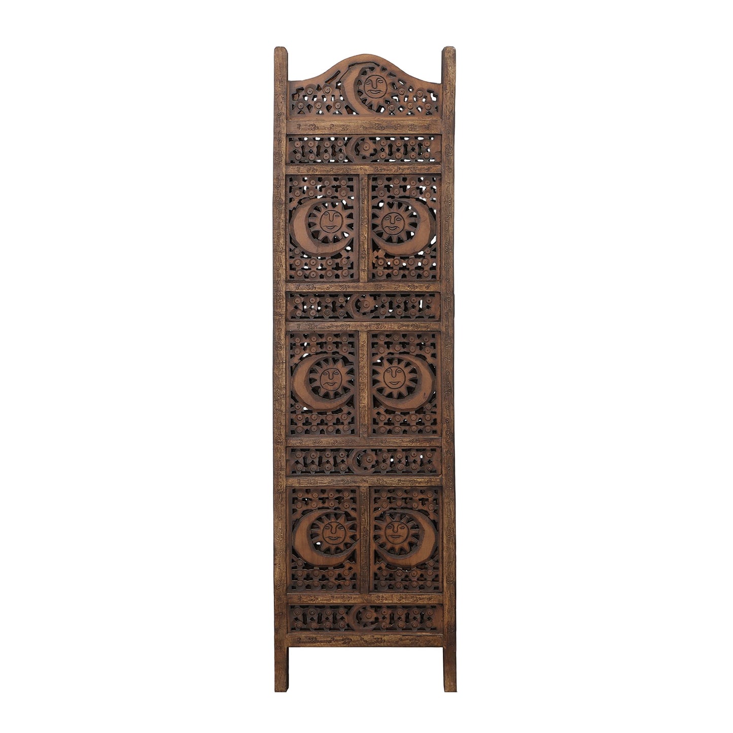 Hand Carved Sun and Moon Design Foldable 4 Panel Wooden Room Divider, Decorative Privacy Screen, Rustic Home Partition Decor
