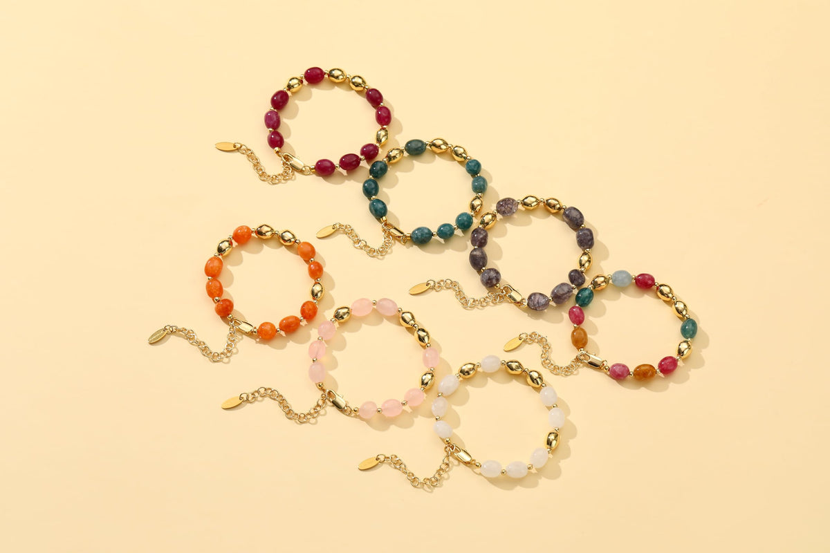 NVWAROCK Beaded Bracelet for Women, Gemstone Bracelet, 14K Gold Plated Stackable Handmade Oval Stone Bracelet Jewelry Gift - Pink